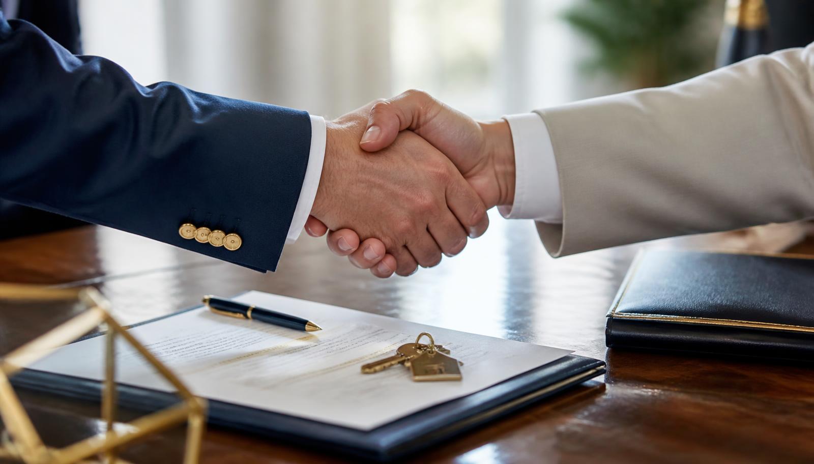 Handshake over a walnut table with house keys, a pen, and signed closing documents